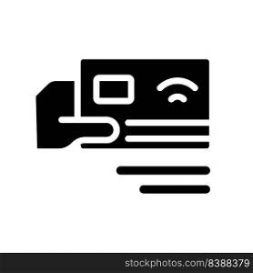 Payment by card black glyph icon. Electronic transfer. Pay with credit card. Financial service. Making online purchases. Silhouette symbol on white space. Solid pictogram. Vector isolated illustration. Payment by card black glyph icon