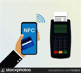 Payment by credit card using POS terminal and smartphone, approved payment. Vector stock illustration.