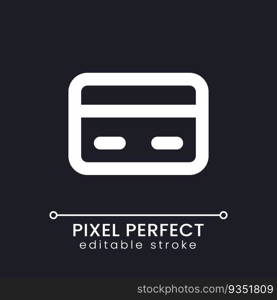 Payment card pixel perfect white linear ui icon for dark theme. Paying method. Online shopping. Vector line pictogram. Isolated user interface symbol for night mode. Editable stroke. Poppins font used. Payment card pixel perfect white linear ui icon for dark theme