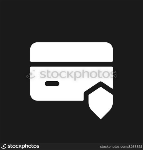 Payment card security dark mode glyph ui icon. Credit card and shield. User interface design. White silhouette symbol on black space. Solid pictogram for web, mobile. Vector isolated illustration. Payment card security dark mode glyph ui icon