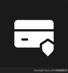 Payment card security dark mode glyph ui icon. Credit card and shield. User interface design. White silhouette symbol on black space. Solid pictogram for web, mobile. Vector isolated illustration. Payment card security dark mode glyph ui icon