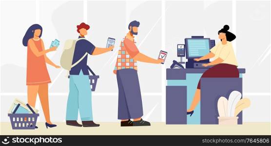 Payment cash desk composition with flat human characters standing in line with cashier and contactless payments vector illustration