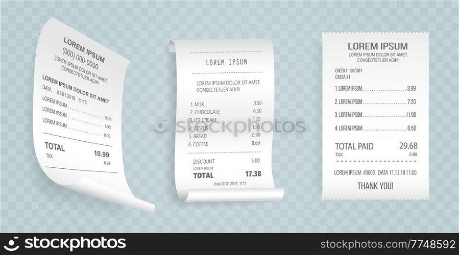 Payment check isometric set. Buying financial invoice bill purchasing calculate pay vector isolated. Receipt the seller forms at the online checkout for transfer to the buyer or client, paper piece. Payment check isometric set. Buying financial invoice bill purchasing calculate pay vector isolated