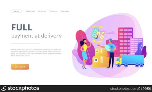 Payment collection, parcel return. Express transportation business. Cash on delivery COD, collect on delivery, full payment at delivery concept. Website homepage landing web page template.. Cash on delivery COD concept landing page