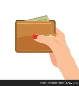 Payment concept. Hand holding wallet with dollars bills isolated. Cartoon vector cartoon illustration for business web design.. Payment concept. Hand holding wallet with dollars bills isolated. Cartoon vector cartoon illustration for business web design. Closed purse with money.