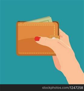 Payment concept. Hand holding wallet with dollars bills isolated. Cartoon vector cartoon illustration for business web design.. Payment concept. Hand holding wallet with dollars bills isolated. Cartoon vector cartoon illustration for business web design. Closed purse with money.