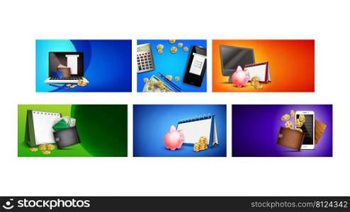 Payment Creative Promotion Posters Set Vector. Invoice And Tax Online Pay, Monthly Recurring Revenue And Payment, Smart Wallet And Deadline Of Pay Advertising Banners. Concept Template Illustrations. Payment Creative Promotion Posters Set Vector