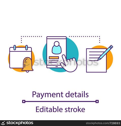 Payment details concept icon. E-payment system idea thin line illustration. Money transaction. User account. Vector isolated outline drawing. Editable stroke. Payment details concept icon