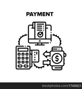Payment Device Vector Icon Concept. Smartwatche With Nfc Wireless Technology For Pay And Credit Card In Terminal, Payment Device. Electronic Receipt On Computer Display Black Illustration. Payment Device Vector Black Illustrations
