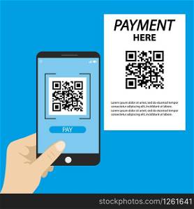 Payment here page,hand holding smart phone with qr code scan application on screen,flat vector illustration