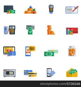 Payment icon flat set with wallet moneybox safe cash isolated vector illustration
