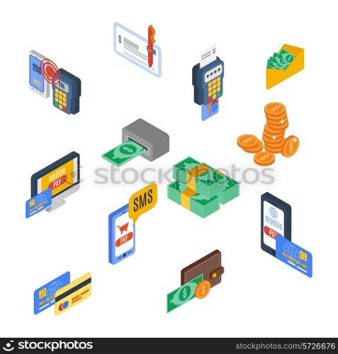 Payment icons isometric money financial commerce 3d elements set isolated vector illustration