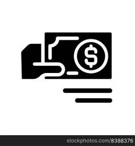 Payment in cash black glyph icon. Paper money currency. Purchasing and selling. Financial operations. Physical cash. Silhouette symbol on white space. Solid pictogram. Vector isolated illustration. Payment in cash black glyph icon