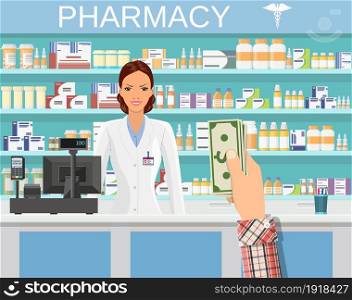 Payment in cash. Interior pharmacy or drugstore with female pharmacist at the counter. Medicine pills capsules bottles vitamins and tablets. vector illustration in flat style. Payment in cash.