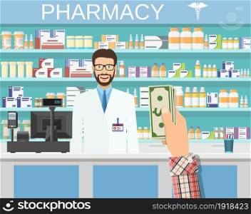 Payment in cash. Interior pharmacy or drugstore with male pharmacist at the counter. Medicine pills capsules bottles vitamins and tablets. vector illustration in flat style. Payment in cash.