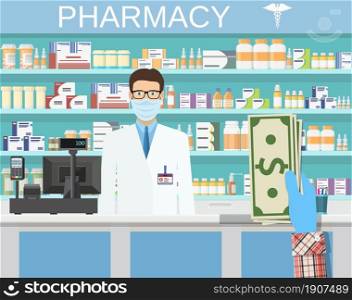Payment in cash. Interior pharmacy or drugstore with male with medical mask. Medicine pills capsules bottles vitamins and tablets. vector illustration in flat style. Payment in cash.