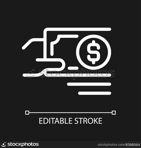 Payment in cash pixel perfect white linear icon for dark theme. Paper money currency. Purchasing and selling. Thin line illustration. Isolated symbol for night mode. Editable stroke. Arial font used. Payment in cash pixel perfect white linear icon for dark theme
