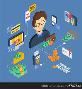 Payment isometric set with banking cash money financial 3d icons vector illustration