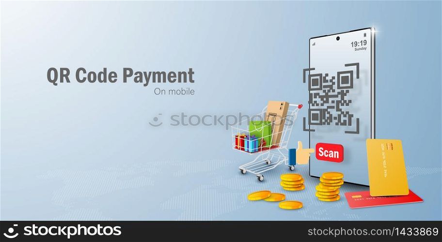 Payment on mobile concept, QR code scanning on mobile making payment and verification, Web banner with copy space
