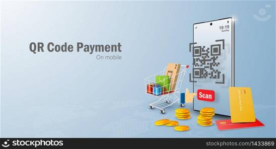 Payment on mobile concept, QR code scanning on mobile making payment and verification, Web banner with copy space