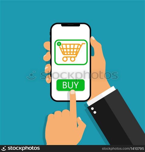 Payment online from phone. Buy from credit wallet in mobile. Virtual money in smartphone. Button purchase in cellphone. Wireless contactless pay service in shop. Device in hand for transaction. Vector. Payment online from phone. Buy from credit wallet in mobile. Virtual money in smartphone. Button purchase in cellphone. Wireless contactless pay in shop. Device in hand for transaction. Vector.