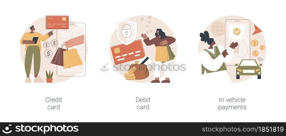 Payment options abstract concept vector illustration set. Credit and debit card, in vehicle payments, e-commerce and online shopping, drive-through purchase, plastic money abstract metaphor.. Payment options abstract concept vector illustrations.