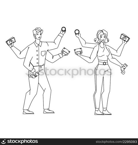 Payment Options For Buying Goods In Shop Black Line Pencil Drawing Vector. Man And Woman Holding Credit Card And Money Cash, Paying Check And Cryptocurrency Coin, Payment Options For Pay.. Payment Options For Buying Goods In Shop Vector