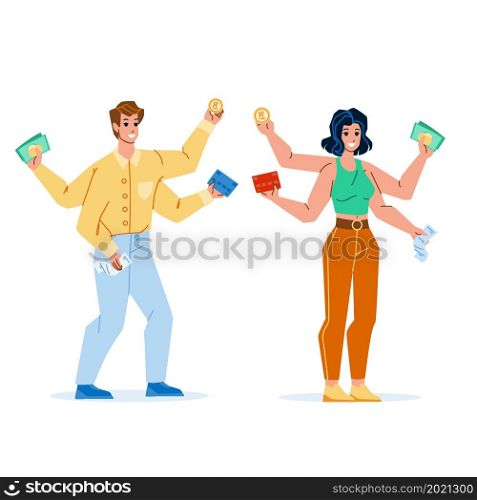 Payment Options For Buying Goods In Shop Vector. Man And Woman Holding Credit Card And Money Cash, Paying Check And Cryptocurrency Coin, Payment Options For Pay. Characters Flat Cartoon Illustration. Payment Options For Buying Goods In Shop Vector