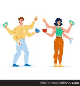 Payment Options For Buying Goods In Shop Vector. Man And Woman Holding Credit Card And Money Cash, Paying Check And Cryptocurrency Coin, Payment Options For Pay. Characters Flat Cartoon Illustration. Payment Options For Buying Goods In Shop Vector