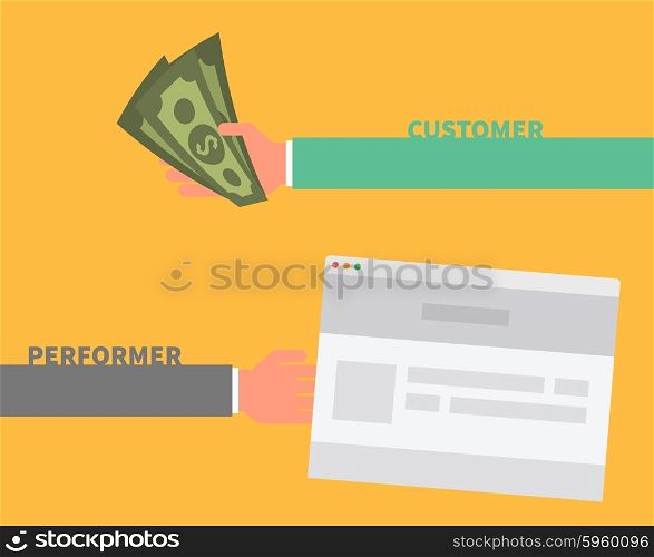 Payment order. Customer and performer. Deal and agreement, business worker, client and selling professional, buy and piecework, page for web, finance sale, work and purchase illustration