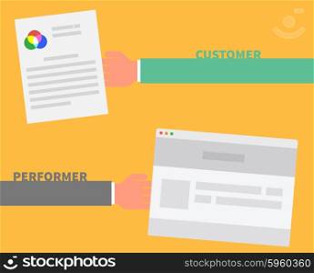Payment order. Customer and performer. Deal and agreement, business worker, client and selling professional, buy and piecework, page for web, finance sale, work and purchase illustration