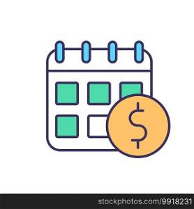 Payment schedule RGB color icon. Dates for taxes and fees. Asset purchase date. Calendar reminders. Tax deadlines. Avoiding penalty and interest charges. Isolated vector illustration. Payment schedule RGB color icon