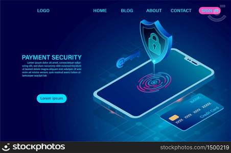 Payment security concept and data protection. Credit card security checks on mobile phone before paying every time. 3d isometric flat design. Vector illustration