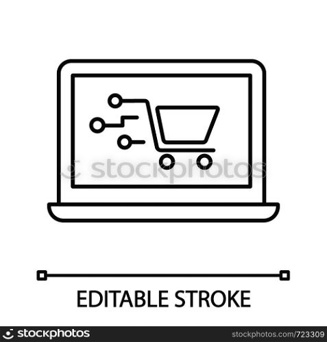Payment system technology linear icon. E-payment. Thin line illustration. Online shopping. Laptop display with shopping cart. Digital purchase. Vector isolated outline drawing. Editable stroke. Payment system technology linear icon