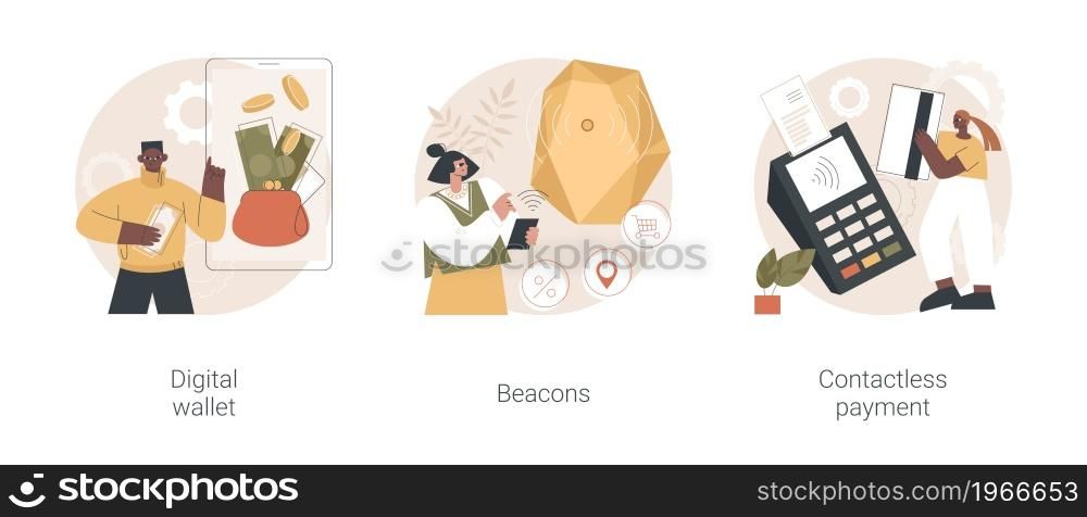 Payment technology abstract concept vector illustration set. Digital wallet, beacons, contactless payment, digital banking tool, money transfer, personalized marketing, paypass abstract metaphor.. Payment technology abstract concept vector illustrations.