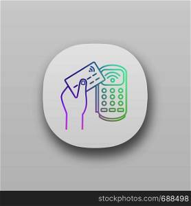 Payment terminal app icon. POS terminal. NFC payment. Contactless transaction. UI/UX user interface. Web or mobile application. Near field communication. E-payment. Vector isolated illustration. Payment terminal app icon