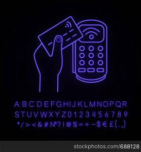Payment terminal neon light icon. POS terminal. NFC payment. Contactless transaction. Glowing sign with alphabet, numbers and symbols. Near field communication. E-payment. Vector isolated illustration. Payment terminal neon light icon