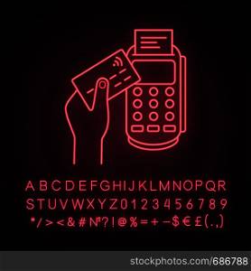 Payment terminal neon light icon. POS terminal. NFC payment. Contactless transaction. Near field communication. E-payment. Glowing sign with alphabet, numbers and symbols. Vector isolated illustration. Payment terminal neon light icon