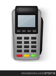 Payment terminal. Realistic banking electronic equipment. Isolated wireless gadget to pay for purchases. Digital financial transaction. Device for money transfer with credit cards. Vector illustration. Payment terminal. Realistic banking electronic equipment. wireless gadget to pay for purchases. Financial transaction. Device for money transfer with credit cards. Vector illustration