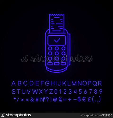 Payment terminal receipt neon light icon. Successful POS terminal transaction. E-payment. Glowing sign with alphabet, numbers and symbols. Vector isolated illustration. Payment terminal receipt neon light icon