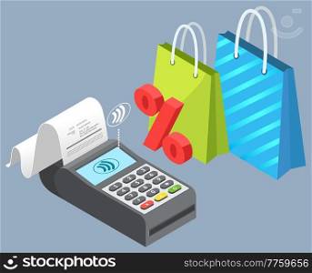 Payment terminal with check for retail sale service and shopping bags on gray background isolated. Bank machine payment terminal credit card payment equipment. Electronic device for cashless payment. Payment terminal with check for retail sale service and paper shopping bags on gray background