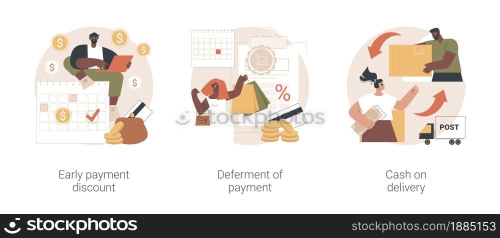 Payment terms abstract concept vector illustration set. Early payment discount, deferment of student loan dept, cash on delivery, credit score, customer loyalty, sales invoice abstract metaphor.. Payment terms abstract concept vector illustrations.