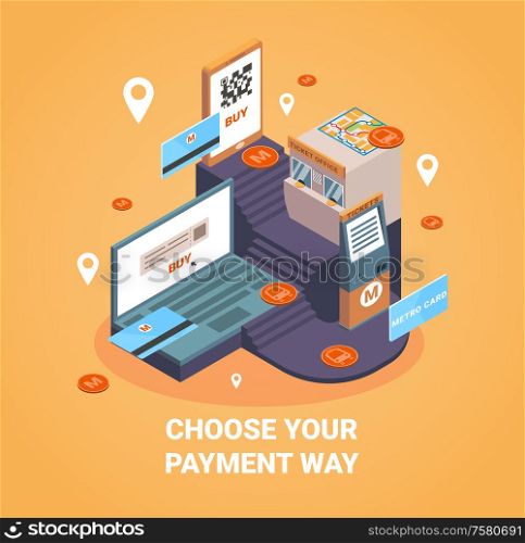 Payment way concept with online payment symbols isometric vector illustration