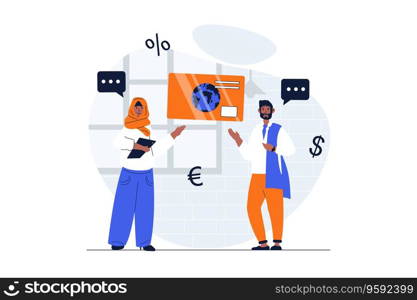 Payment web concept with character scene. Arabic muslim man and woman using online banking and credit card. People situation in flat design. Vector illustration for social media marketing material.