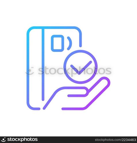 Payment with credit card gradient linear vector icon. Pay for purchase online. Debit card. Digital money. Thin line color symbol. Modern style pictogram. Vector isolated outline drawing. Payment with credit card gradient linear vector icon