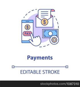 Payments concept icon. Pay online idea thin line illustration. E billing. Financial management app. Expenses tracker. Internet banking transaction. Vector isolated outline drawing. Editable stroke