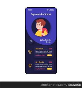 Payments for school smartphone interface vector template. Mobile app page purple, dark blue design layout. Mobile banking screen. Flat UI for application. Online paying. Private school. Phone display