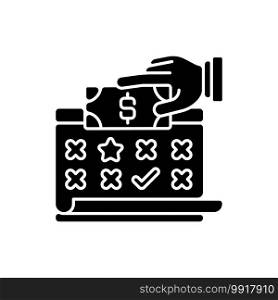 Payroll black glyph icon. List of employees of some company that are entitled to receive pay for time worked or tasks performed. Silhouette symbol on white space. Vector isolated illustration. Payroll black glyph icon