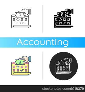 Payroll icon. List of employees of some company that are entitled to receive pay for time worked or tasks performed. Linear black and RGB color styles. Isolated vector illustrations. Payroll icon