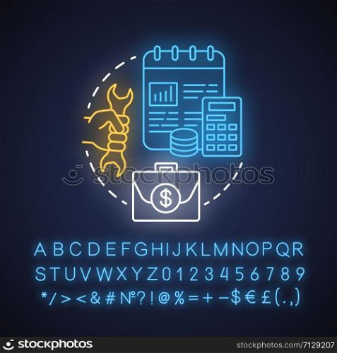 Payroll taxes neon light concept icon. Employee and employer taxation idea. Paying withholding tax to government. Glowing sign with alphabet, numbers and symbols. Vector isolated illustration